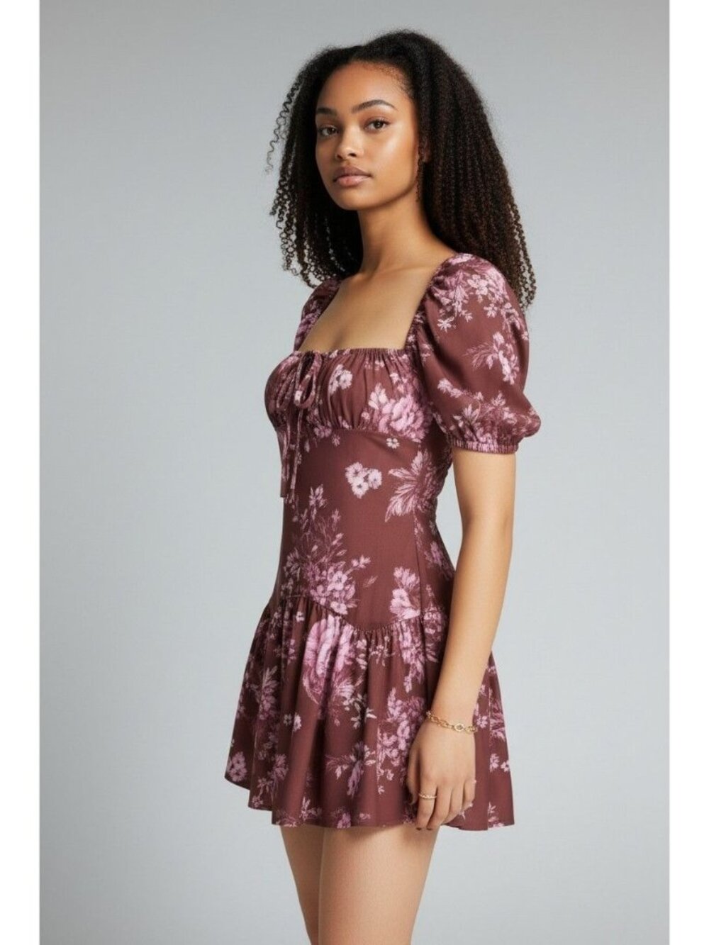 ASOS DESIGN Petite Square Neck Mini Dress with Tie Back in Rose Print-Multi, Sz.